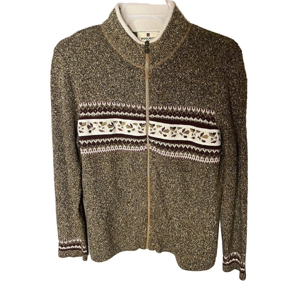 Vintage Woolrich Sweater Fall Leaves Womens Full Zip Brown Ladies size large